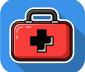 Fototapeta premium Red first aid kit with a black cross symbol on a blue background, cast a shadow
