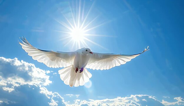 White Dove Flying Gracefully Across a Bright Sunny Sky with Clouds