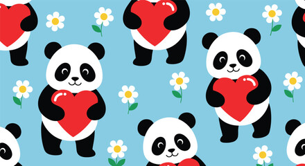 Fototapeta premium A super cute seamless pattern of adorable panda bears holding large red hearts with little flowers on a bright blue background.