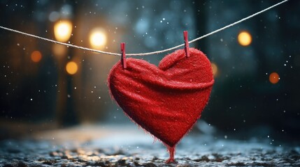 Red Heart Hanging Laundry Line Valentine Romance Love
