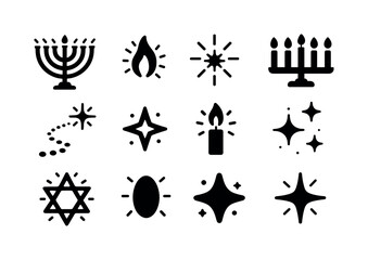 Fototapeta premium Hanukkah Icons Grid. Hanukkah Night Glow. Solid icon set of Hanukkah Night Glow: lit menorah, shining flames, star glow, candle row, warm light path, night
