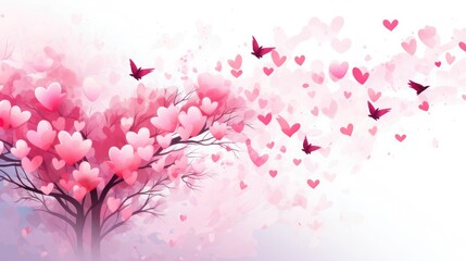 Blooming Tree With Hearts And Butterflies, Romantic Floral Design