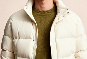 Close-up of a man wearing a cream puffer jacket over a green sweater. Winter fashion outfit detail with quilted outerwear and knitwear texture