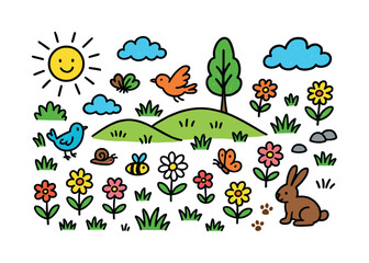 Whimsical Grassland Scene. Grassland. Colorful Hand-drawn doodle Children illustration Grassland grass tufts, flowers, birds, insects, trees, clouds, sun,