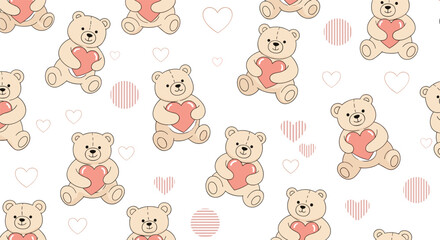 Obraz premium Sweet and simple seamless pattern of cute teddy bears holding pink hearts, surrounded by line art hearts and circles on a white background.