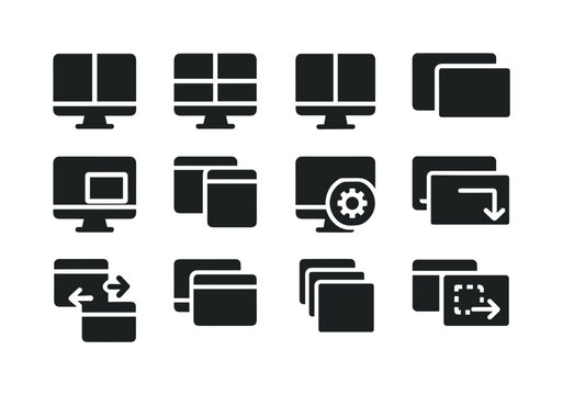 Multitasking Icon Set. Multitasking on screen. Solid icon set of Multitasking on screen: split screen, window grid, dual app view, floating window,