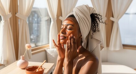Young Black woman applying clay face mask for skincare treatment. Relaxed African American female enjoying beauty spa wellness routine with towel on head