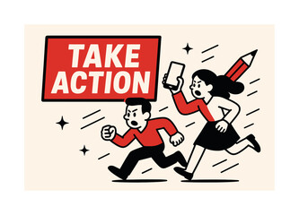 Fototapeta premium Urgent Action Banner. Take Action banner, flat vector illustration, bold oversized text inside rectangular frame banner, cartoon characters running forward