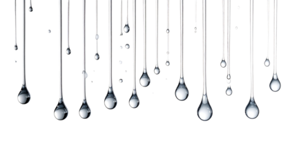 Sequence of falling water droplets forming a trail, evenly spaced, realistic physics, clean composition, isolated on transparent background, minimal design.