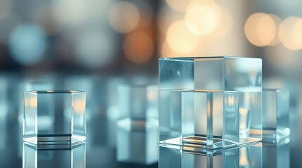 Glass cubes in modern setting with blurred background lights