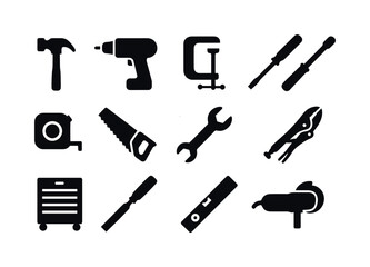 Fototapeta premium Workshop Tools Icons. Workshop tools. Solid icon set of Workshop tools: hammer, drill, clamp, screwdriver, tape measure, saw, wrench, vice grip, tool chest,