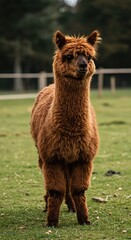 Obraz premium A fluffy brown alpaca standing outdoors in a grassy field, showcasing its thick, valuable wool coat and calm disposition ,ranch ,livestock ,domestic