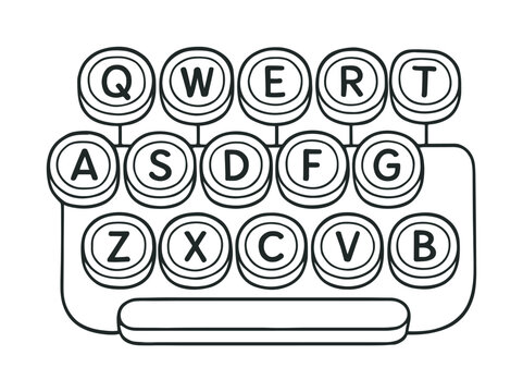 Typewriter Keys Coloring Page. Typewriter keys children?s coloring book illustration, outlined drawing, close-up of simple round keys with bold letters