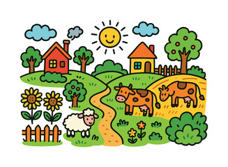 Obraz premium Colorful Countryside Doodle. Countryside. Colorful Hand-drawn doodle Children illustration Countryside cottages, fences, fields, trees, flowers, hills,