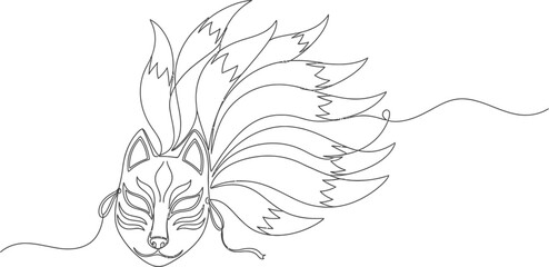 Elegant Kitsune Mask Drawing, Japanese Fox Spirit Line Art