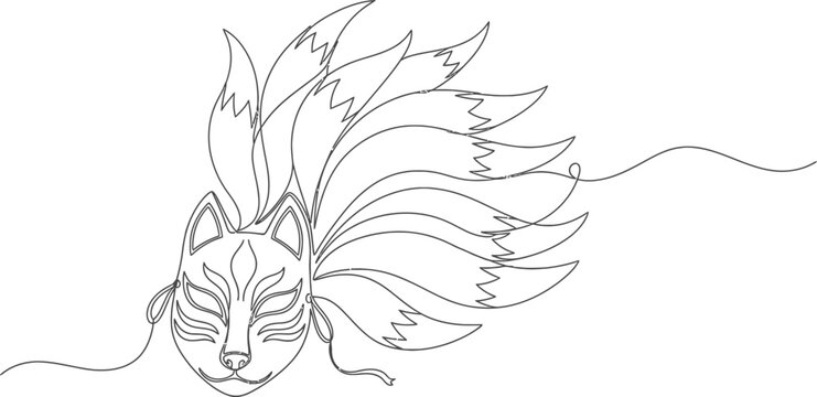 Elegant Kitsune Mask Drawing, Japanese Fox Spirit Line Art