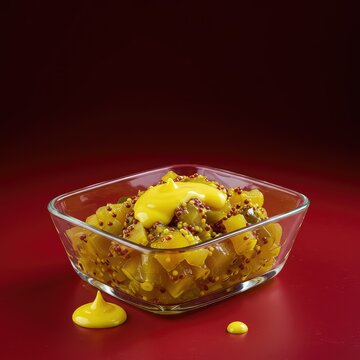 A vibrant, tangy mustard pickle relish in a glass dish, featuring chunky vegetables and a bright yellow sauce ,jar ,condiment ,piccalilli