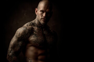 Fototapeta premium Athletic male with bold ink on bare torso under dramatic studio lighting