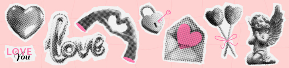 Fototapeta premium valentine day halftone collage set. retro cut out paper elements in y2k style. heart, cupid, angel, love, candy, envelope, hands sticker in vector dotted effect