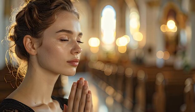 Young Woman Praying in Church with Warm Sunlight Streaming Through Stained Glass Windows and Blurred Background