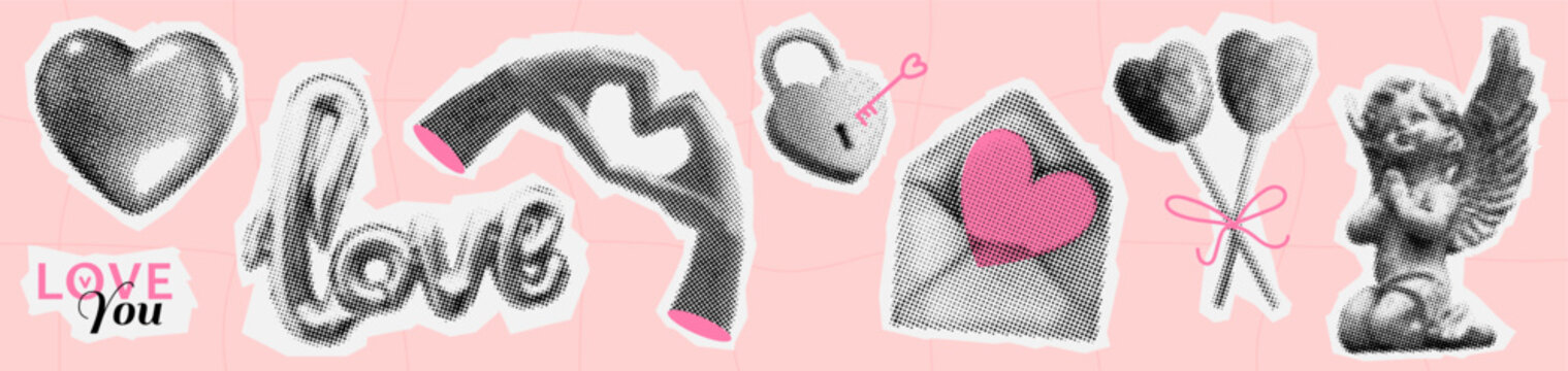 valentine day halftone collage set. retro cut out paper elements in y2k style. heart, cupid, angel, love, candy, envelope, hands sticker in vector dotted effect