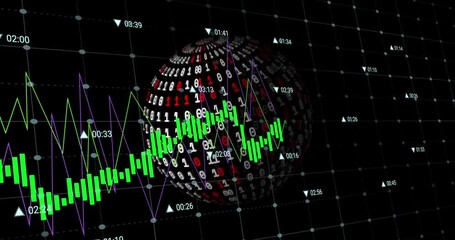 An animation of data processing over a globe with binary coding on a black background - Powered by Adobe