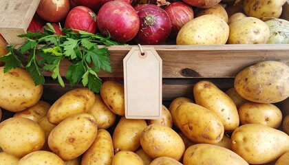 木箱に並ぶじゃがいもと玉ねぎの販売イメージ generative ai