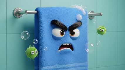 An angry blue cartoon towel on a bathroom rack surrounded by green germs and soap bubbles, illustrating hygiene concerns.