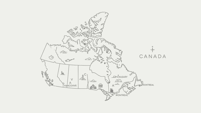 Canada map outline with province borders and major city labels, detailed vector illustration on light studio background