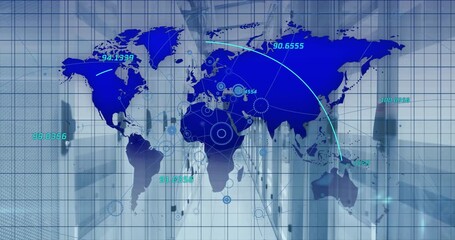 Animation of network of connections over world map against computer server room - Powered by Adobe