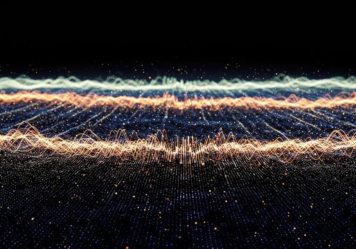 Abstract visualization of energy fluctuations and virtual particles arising from the fundamental quantum field, represented by glowing matrix lines ,technology ,light ,quantum