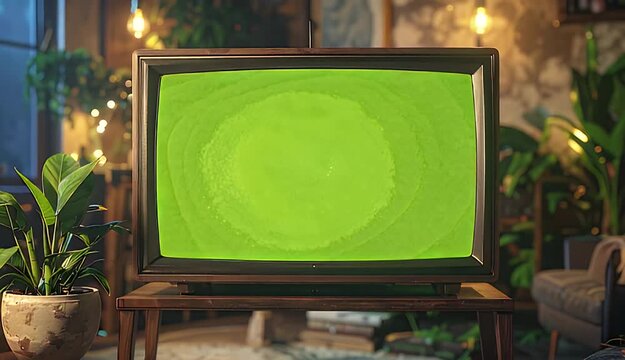 Vintage Television Displaying Green Abstract Circles On A Wooden Table In A Cozy Living Room With Plants
