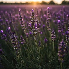 Obraz premium Beautiful purple flower spikes of lavender bathed in golden summer light, suggesting calm relaxation and natural fragrance ,herb ,medicinal ,scent