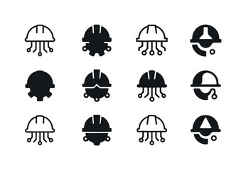 AI Construction Icon Set. autonomous construction manager. Icon set. Set Logo of autonomous construction manager: AI hardhat with circuit lines. harmonious