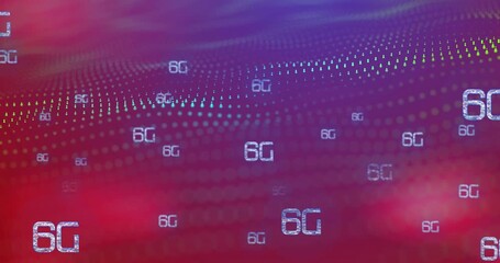 Animation of multiple 6g text banners and digital wave against purple gradient background - Powered by Adobe