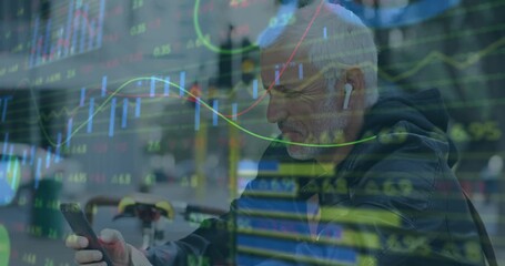 Animation of stock market data processing over caucasian senior man using smartphone on the street - Powered by Adobe