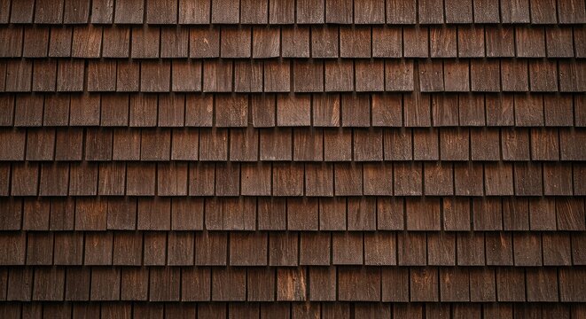 Close-up texture shot of weathered brown wooden shingles covering the side wall of an outdoor residential porch structure, providing rustic protection ,wall ,protection ,home
