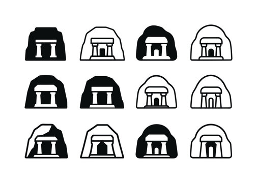 Monolithic Building Logos. Monolithic building. Icon set. Set Logo of monolithic building: carved rock temple. harmonious logo variations of the same