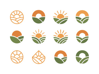 Countryside Sunrise Logos. May morning in the countryside. Icon set. Set Logo of May morning in the countryside: sunrise over rolling hills. harmonious logo