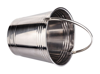 An Orion stainless steel bucket. Made from stainless steel material. Features a carrying and hanging handle.  isolated on a white background