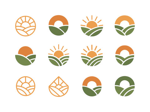 Countryside Sunrise Logos. May morning in the countryside. Icon set. Set Logo of May morning in the countryside: sunrise over rolling hills. harmonious logo