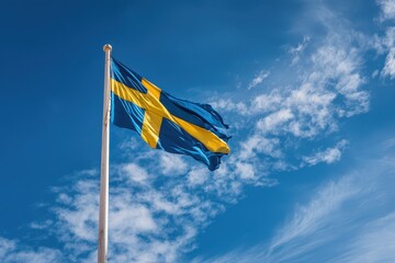 Blue summer sky with a waving Swedish flag on a flagpole