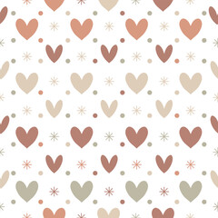Seamless heart pattern vector in modern Scandinavian pastel palette with confetti dots and starbursts, perfect for Valentine&rsquo;s packaging, gift wrap, textiles, wallpapers, scrapbooking, stationery.
