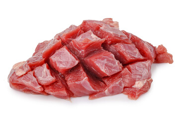 Raw beef stew meat, pre cut into lean chunks isolated on a white background