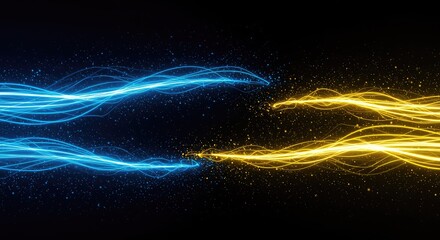 Dynamic blue and yellow light streams abstractly convey energy transfer and digital data flow across dark electronic pathways ,technology ,high-speed ,innovation