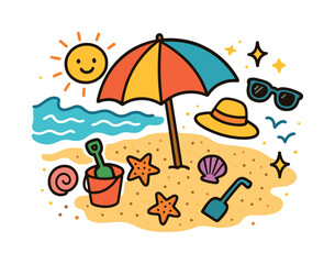 Naklejka premium Seaside Fun Doodles. Seaside Umbrella Spot. Colorful Hand-drawn doodle Children illustration umbrella, shoreline, seashells, starfish, bucket,