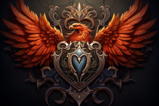 Mythical phoenix with sprawling wings centered on a gold and blue heraldic shield