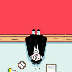 Whimsical Cartoon of a Man Upside Down in an Office Setting