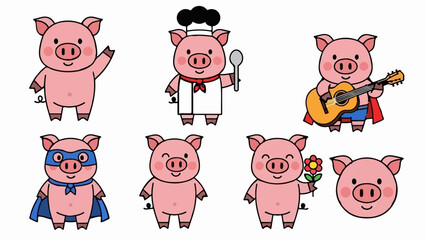 Obraz premium Cute cartoon pigs in various costumes and actions, including waving, chef, guitar, superhero, and holding a flower