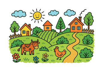 Colorful Countryside Doodle. Countryside. Colorful Hand-drawn doodle Children illustration Countryside cottages, fences, fields, trees, flowers, hills,